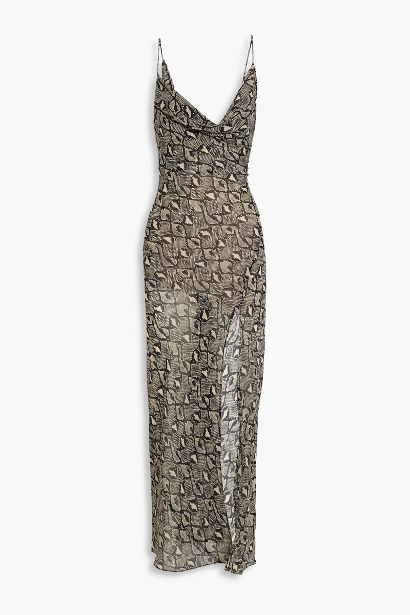 bec & bridge - portia draped printed silk-chiffon maxi dress - animal print - uk 10