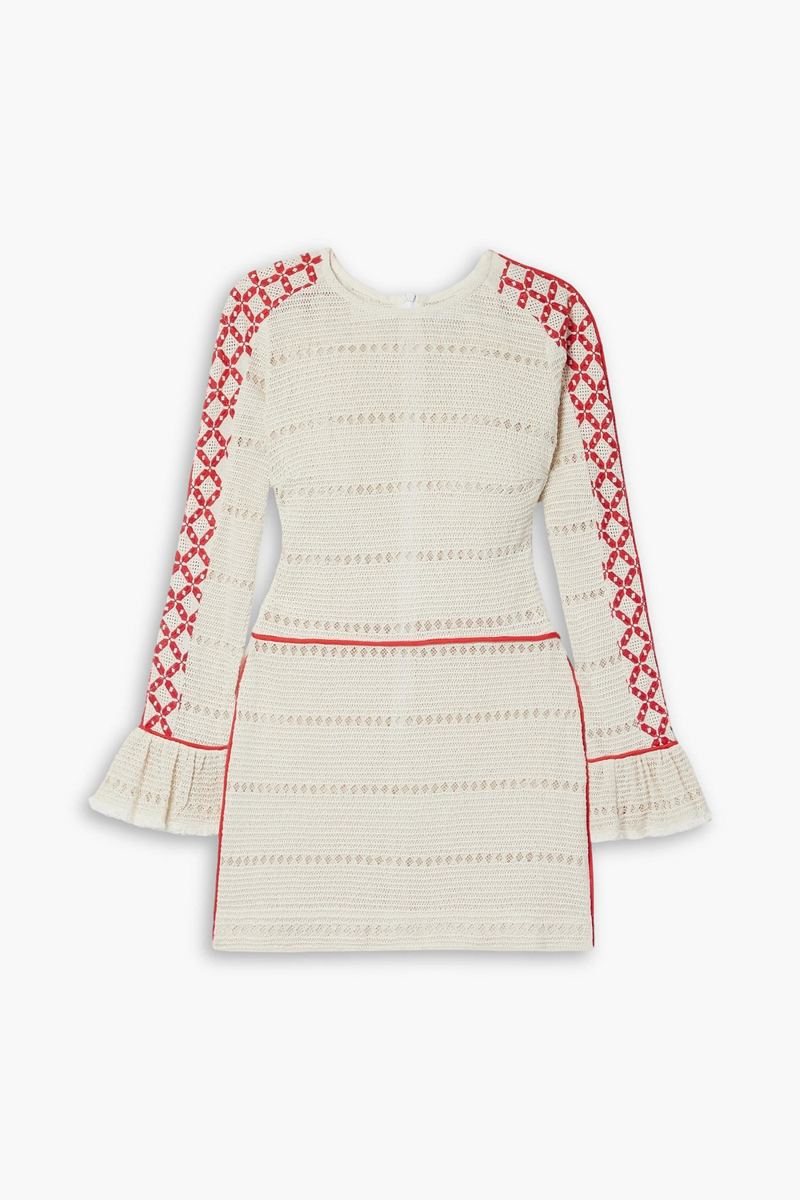 Rue Mariscal - Frayed embroidered crocheted cotton mini dress - Red - FR 44