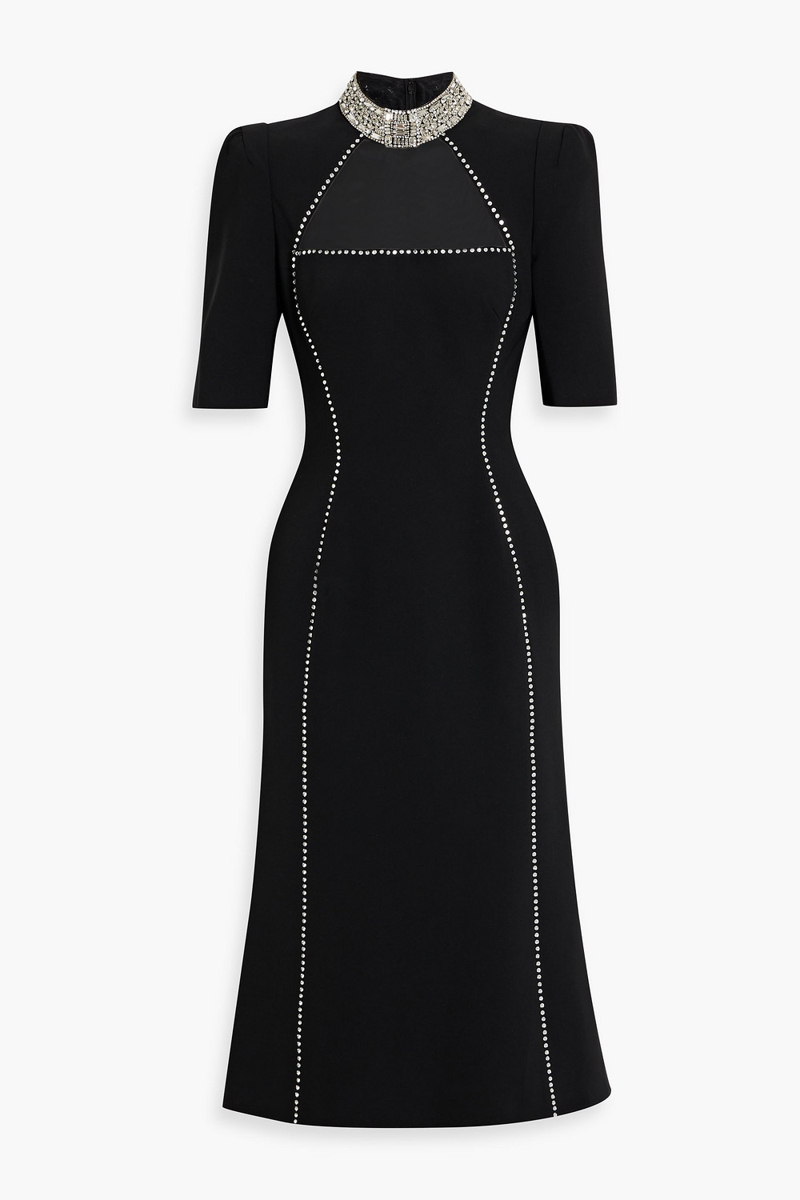 jenny packham - crystal-embellished tulle-trimmed crepe midi dress - black - uk 6