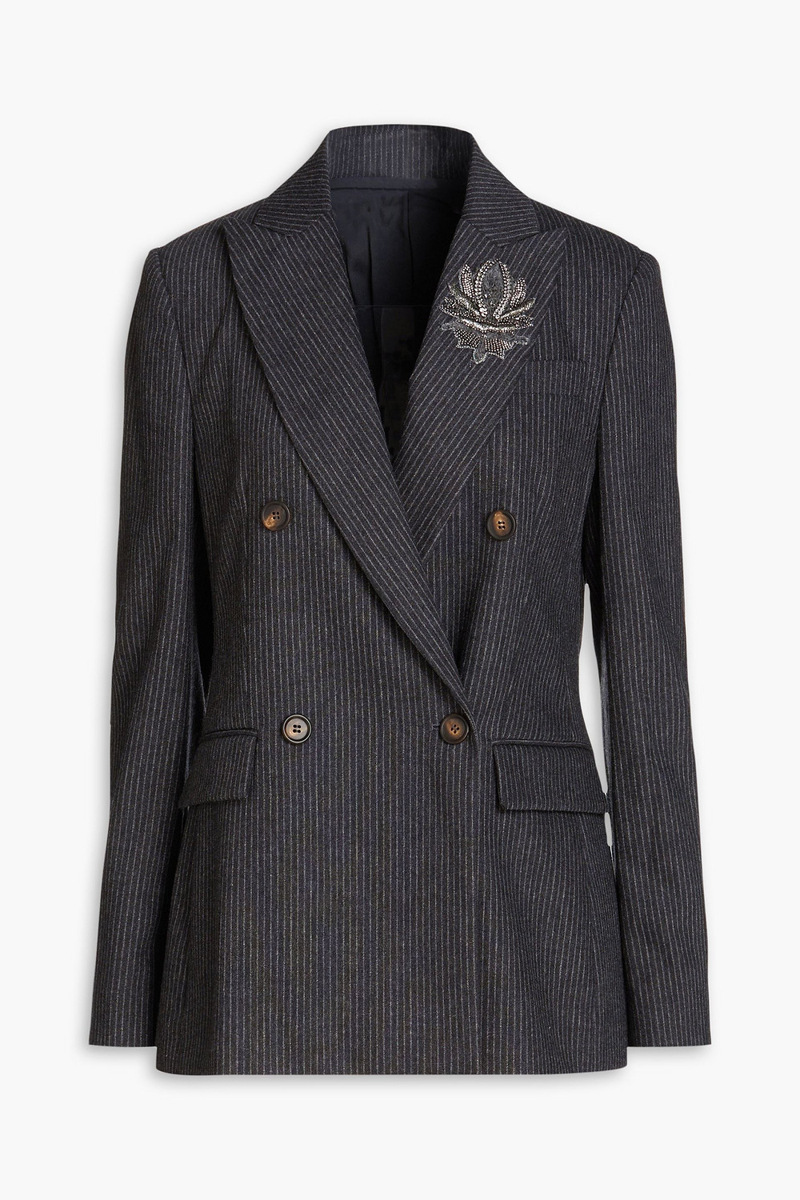 Brunello Cucinelli - Double-breasted pinstriped wool-blend flannel blazer - Gray - IT 44