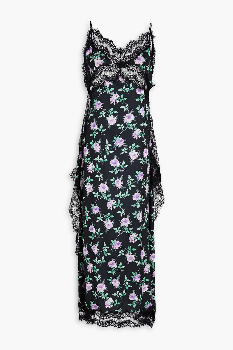 MSGM - Lace-paneled floral-print crepe de chine midi dress - Black - IT 42