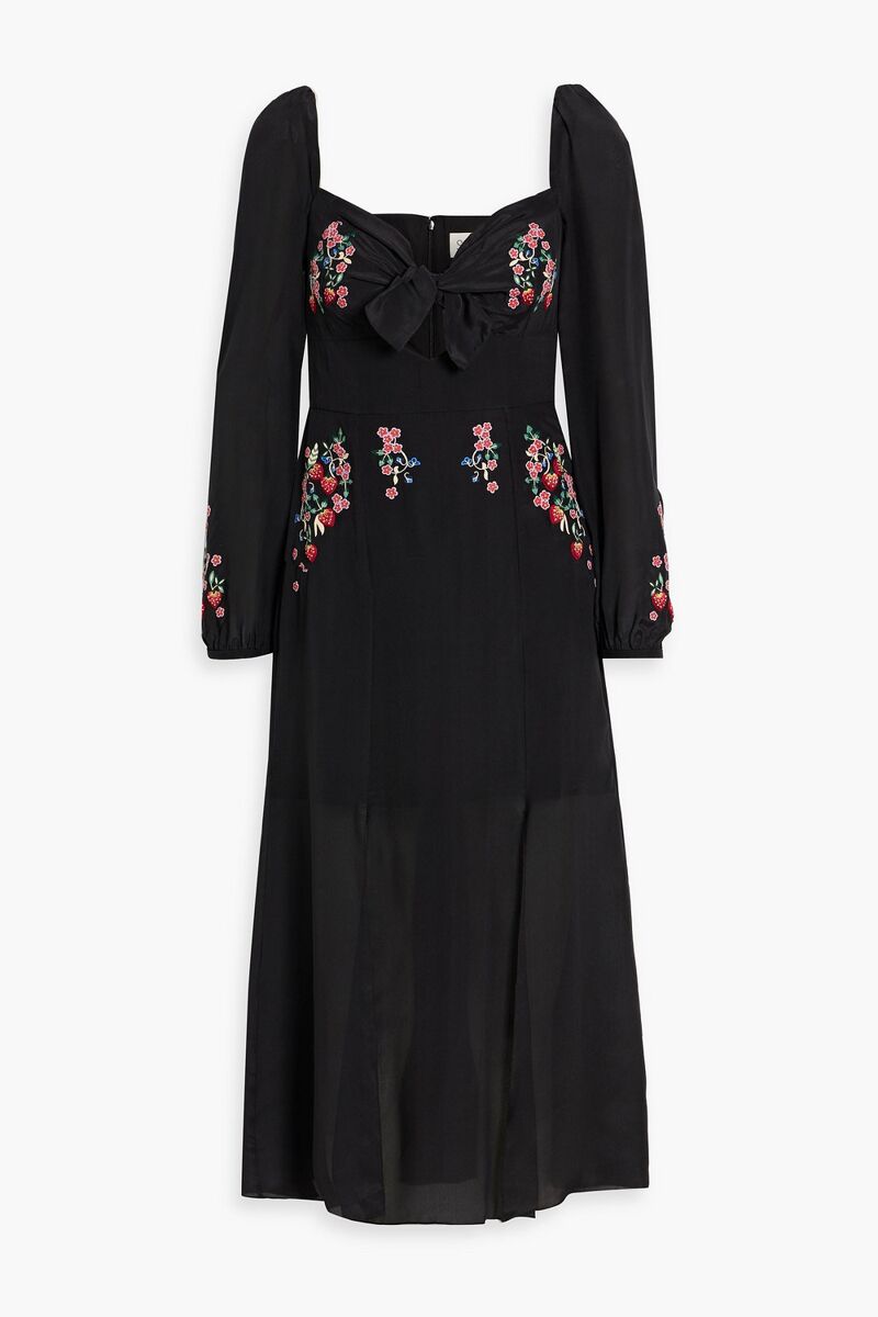 Saloni - Harmony embroidered silk-chiffon midi dress - Black - UK 10