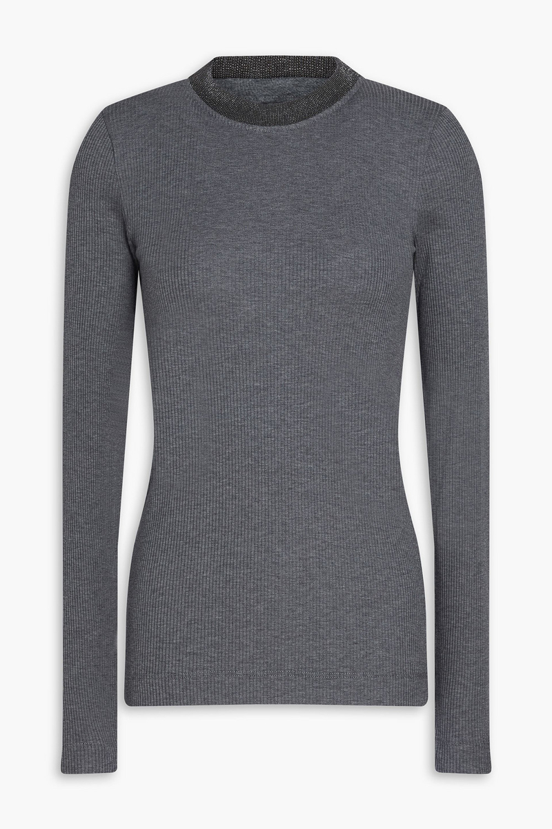brunello cucinelli - bead-embellished ribbed cotton-blend sweater - gray - s