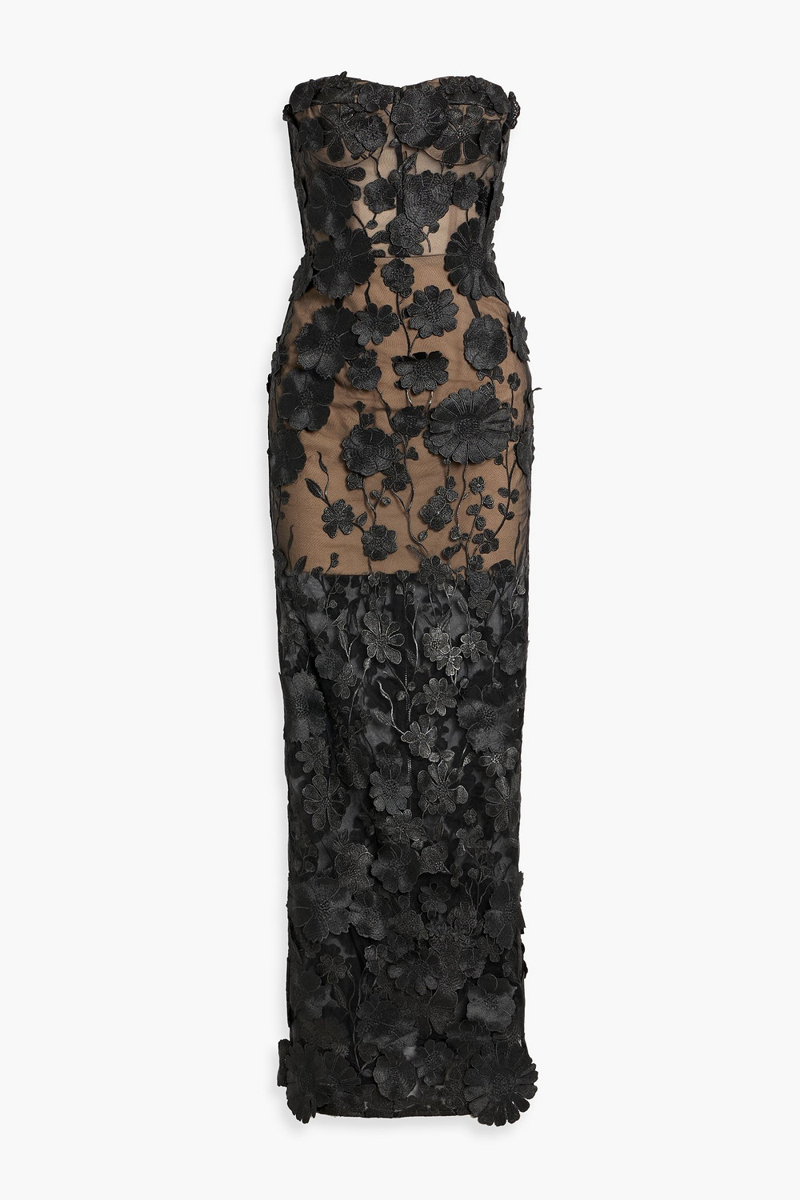 bronx and banco - jasmine strapless floral-appliquéd tulle gown - black - uk 8