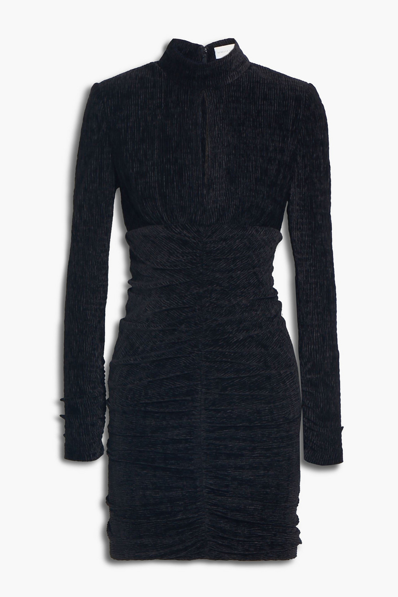 Rebecca Vallance - Senna ruched ribbed velvet mini dress - Black - UK 14