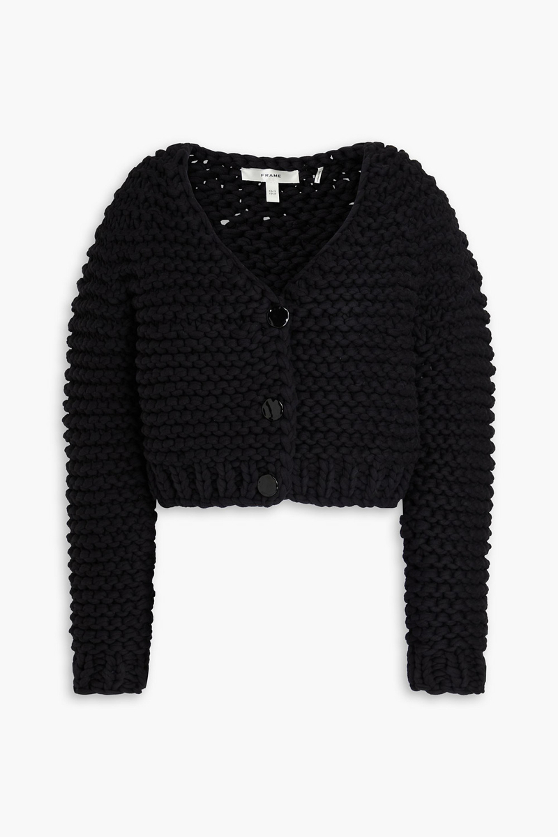 frame - cropped open-knit cotton-blend cardigan - black - xs/s