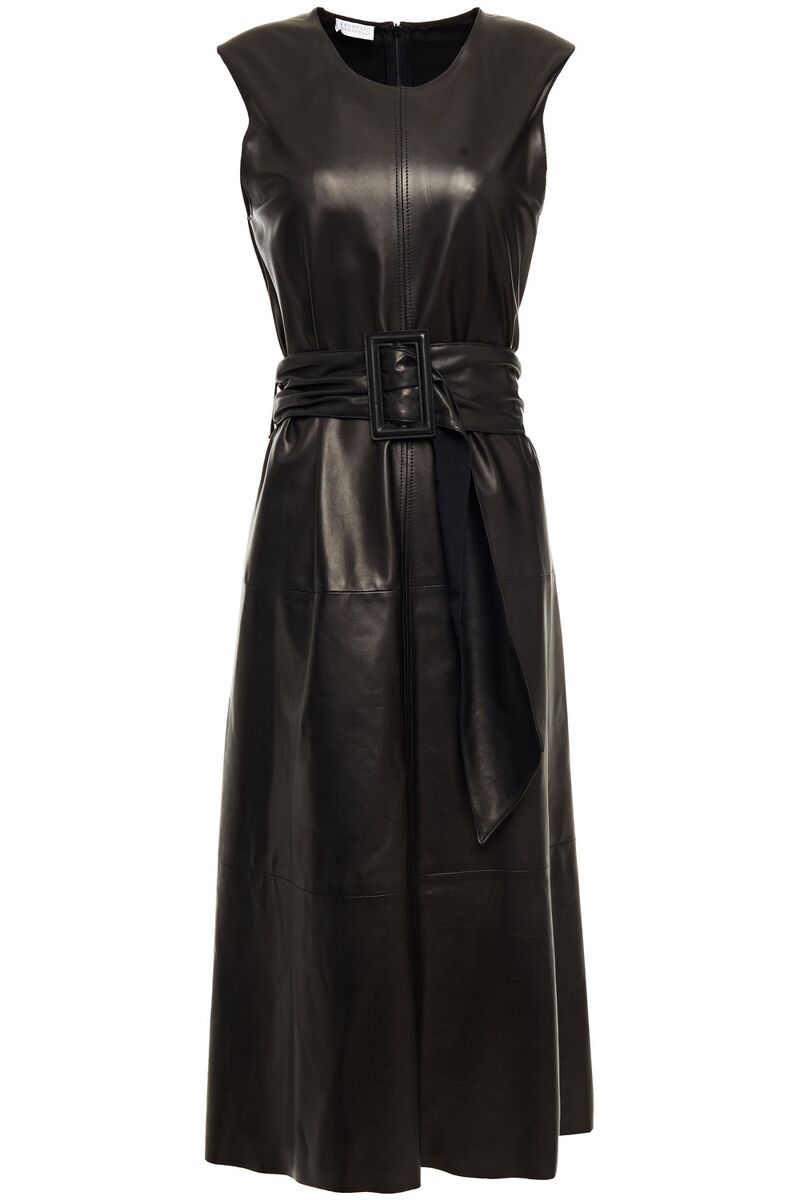 Brunello Cucinelli - Belted jersey-paneled leather midi dress - Black - S