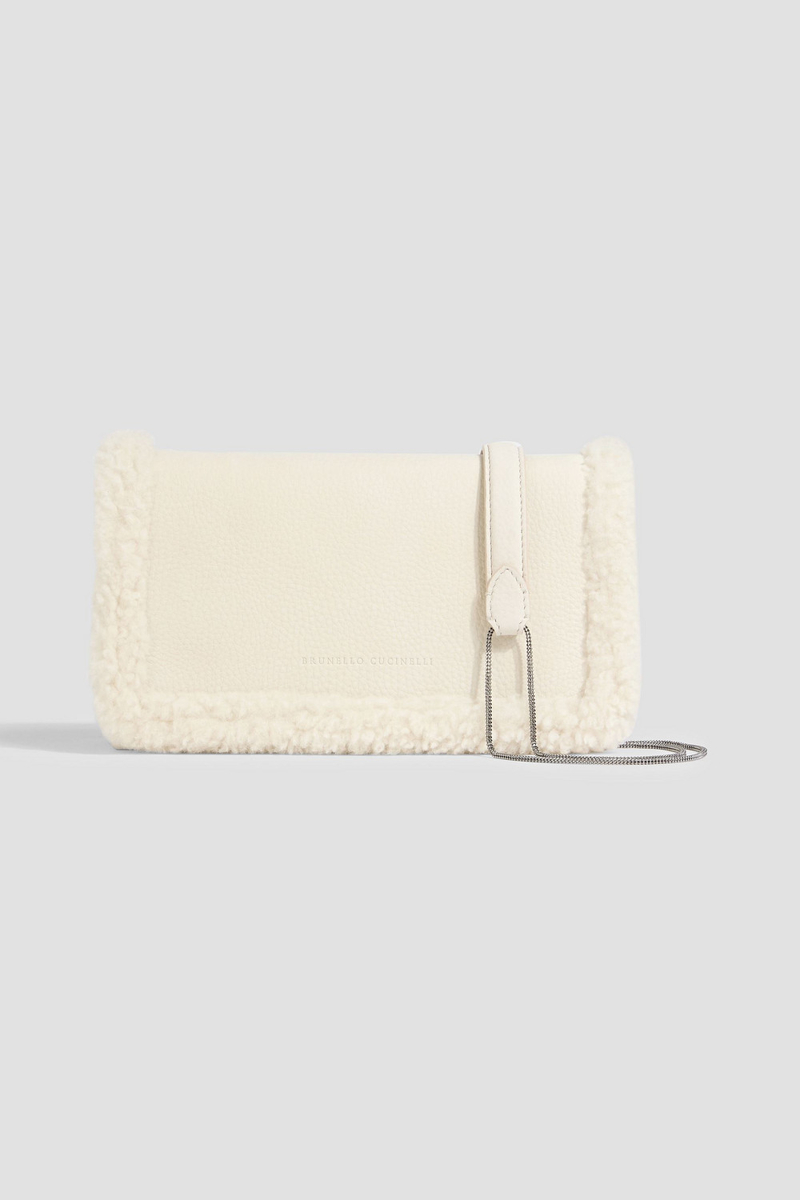 brunello cucinelli - shearling-trimmed pebbled-leather shoulder bag - white - onesize