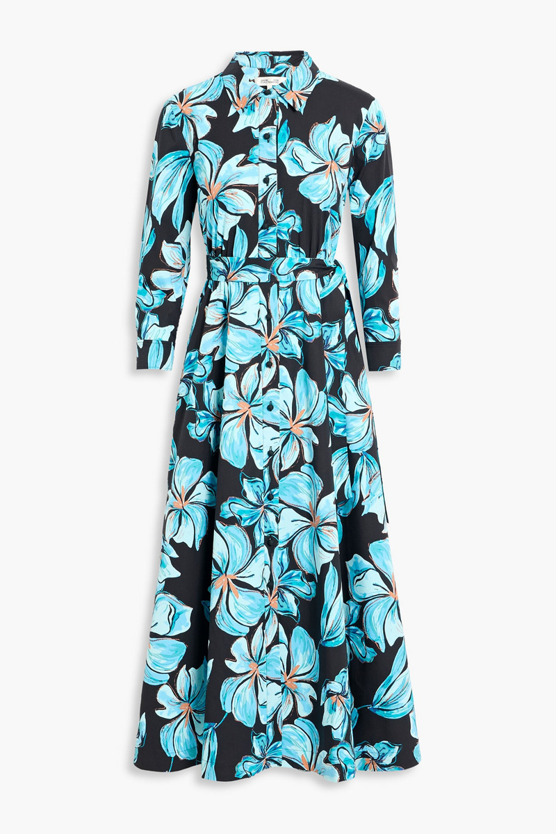 diane von furstenberg - blaine floral-print cotton-blend poplin midi shirt dress - blue - xs