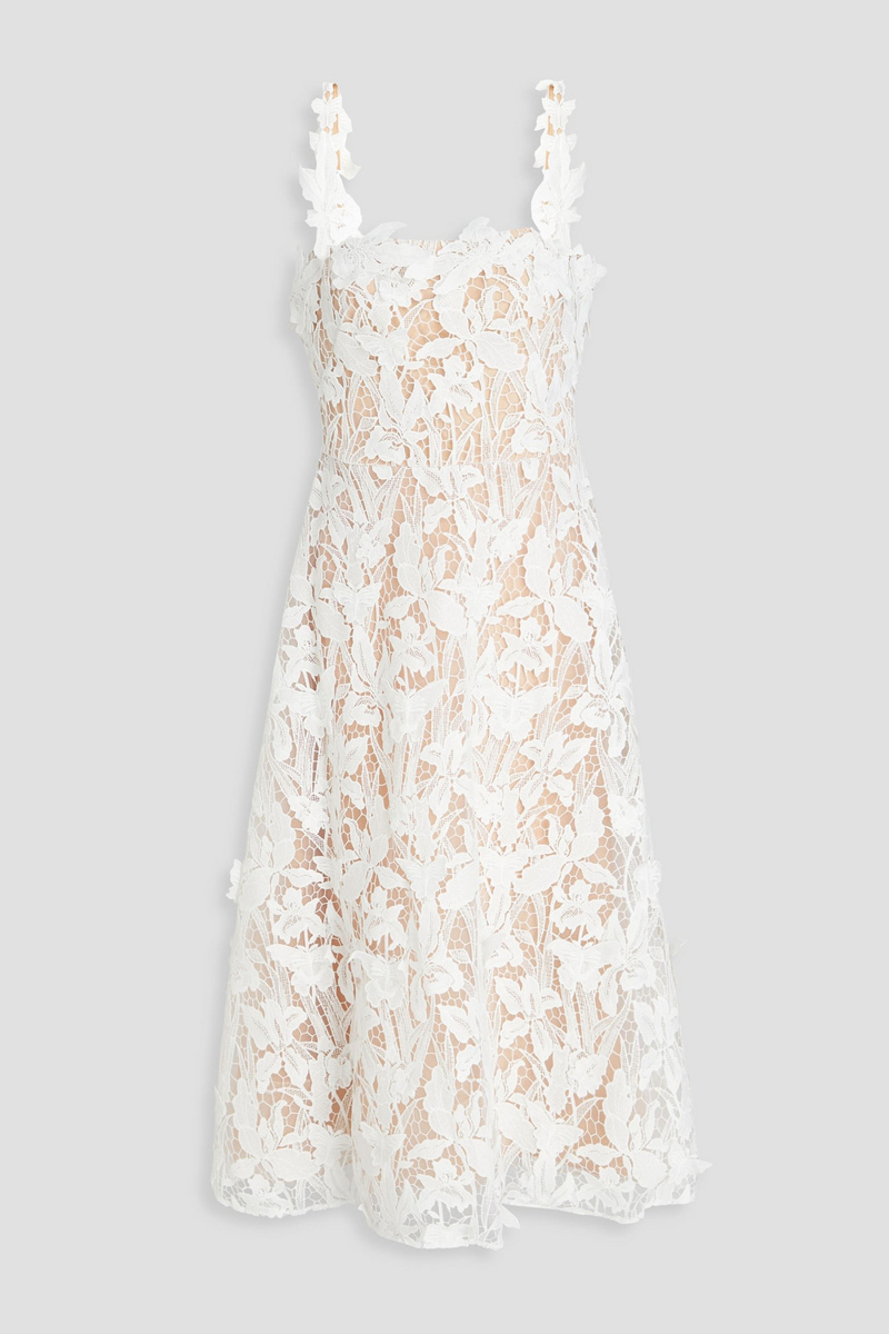 marchesa notte - flared guipure lace midi dress - white - us 2