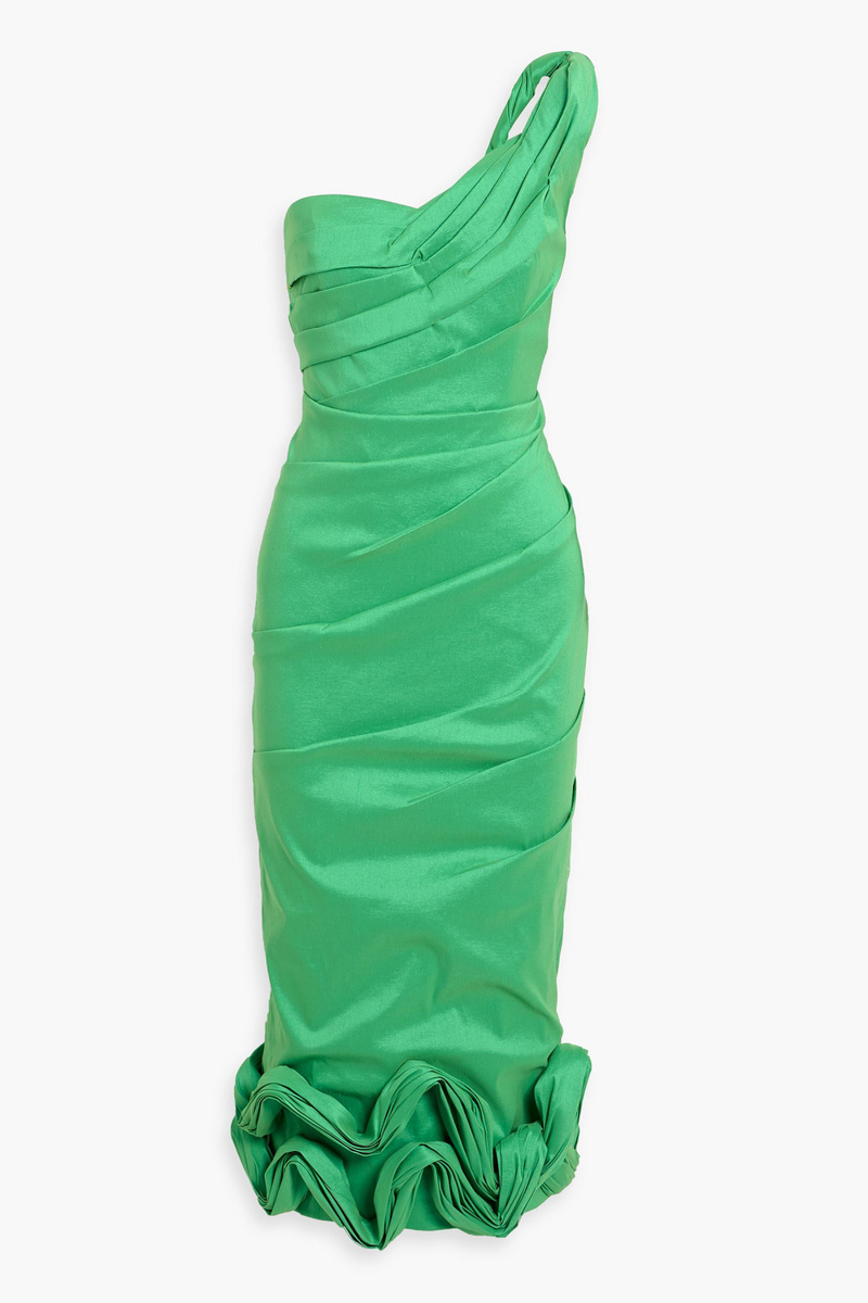 rachel gilbert - ochre one-shoulder ruffled shantung midi dress - green - 3