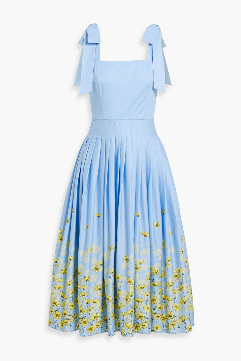 mikael aghal - pleated floral-print cotton-poplin midi dress - blue - us 4
