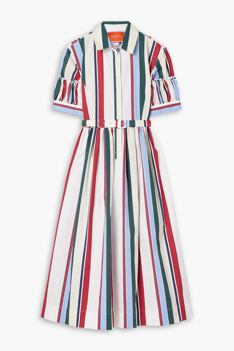 la double j. - libertine belted gathered striped cotton-blend poplin midi shirt dress - multicolor - xxs