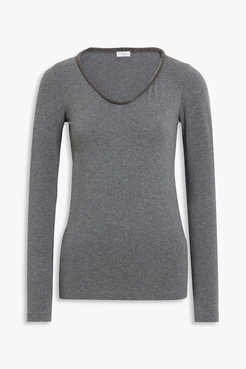 brunello cucinelli - bead-embellished stretch cotton-blend jersey top - gray - xxs