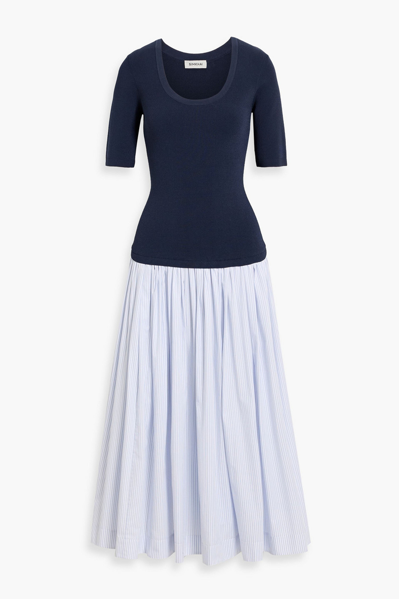 simkhai - patton striped cotton-poplin and ribbed-knit midi dress - blue - xs