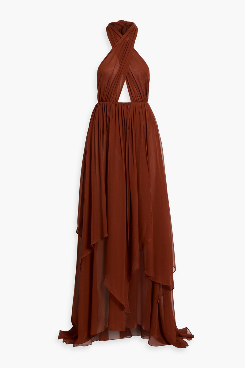 retrofête - ina cutout silk-chiffon halterneck maxi dress - brown - m