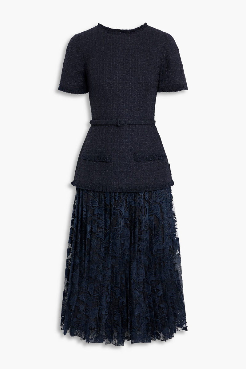 oscar de la renta - belted wool-blend tweed and lace midi dress - blue - us 2