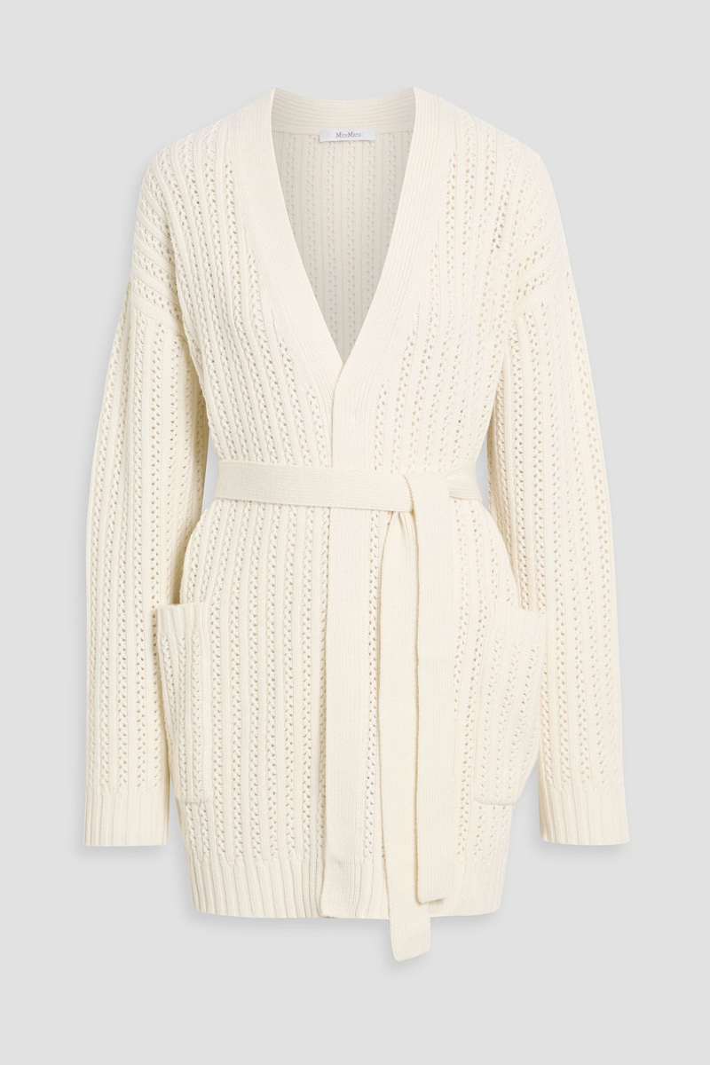max mara - balzac belted pointelle-knit wool and cashmere-blend cardigan - white - xs