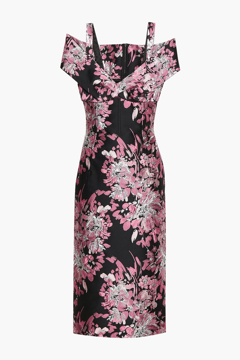 dolce&gabbana - cold-shoulder metallic brocade midi dress - black - it 38