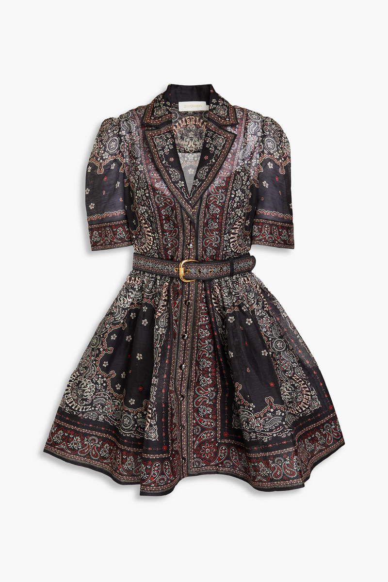 zimmermann - belted paisley-print linen and silk-blend mini shirt dress - black - 2