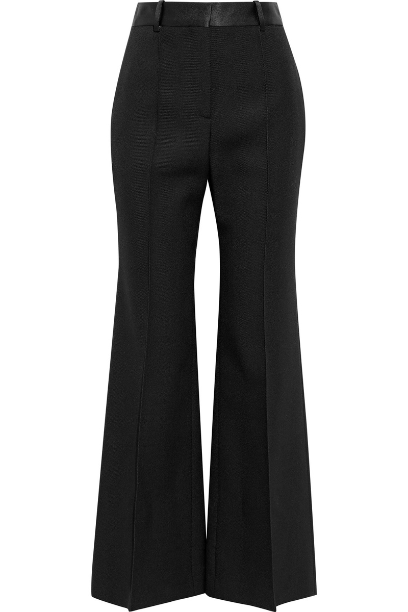 Victoria Beckham - Satin-trimmed wool-gabardine flared pants - Black - UK 8