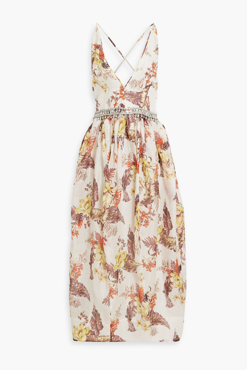zimmermann - crystal-embellished printed linen and silk-blend midi dress - white - 00