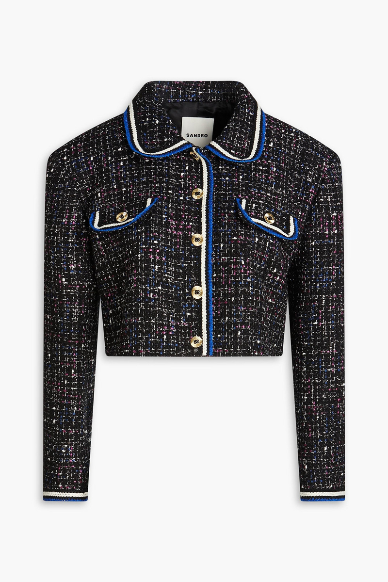sandro - cropped metallic cotton-blend tweed jacket - black - fr 36