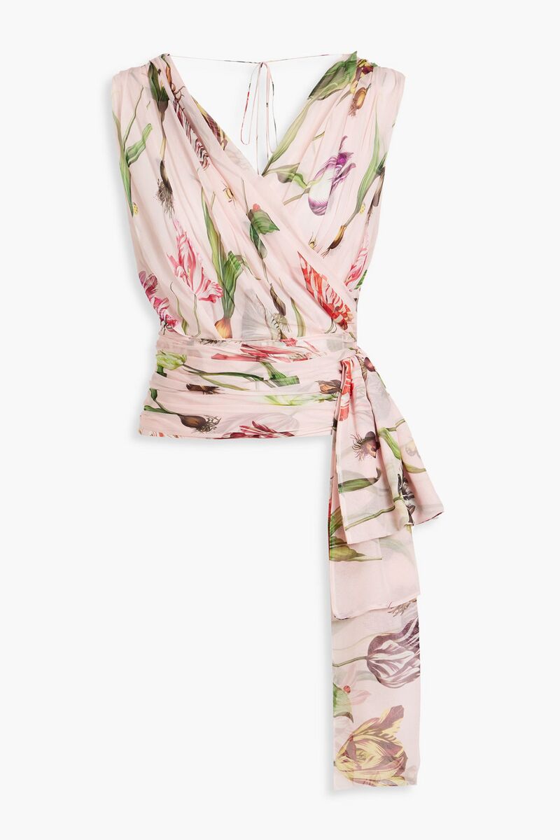 Oscar de la Renta - Wrap-effect draped floral-print silk-chiffon top - Pink - US 12