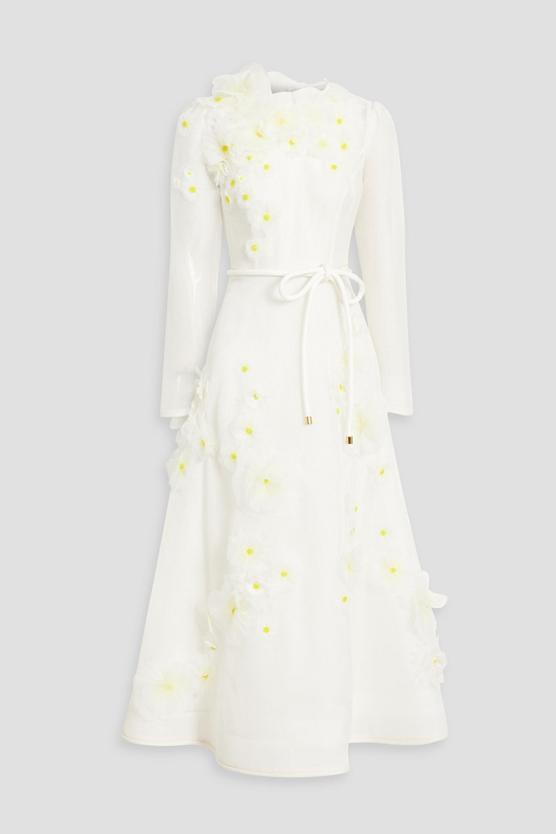 zimmermann - floral-appliquéd silk and linen-blend organza midi dress - white - 0