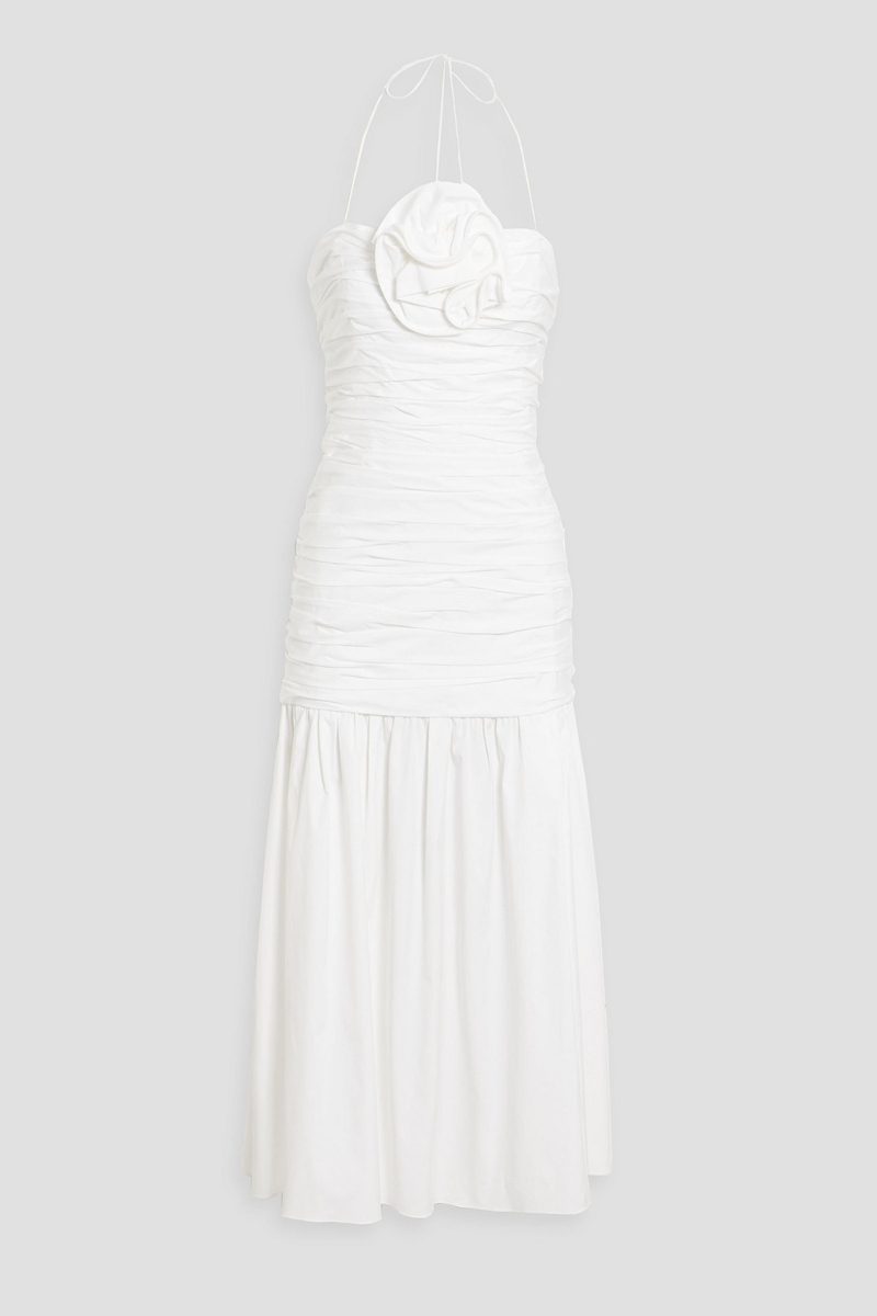 carolina herrera - ruched cotton-blend poplin halterneck midi dress - white - us 8