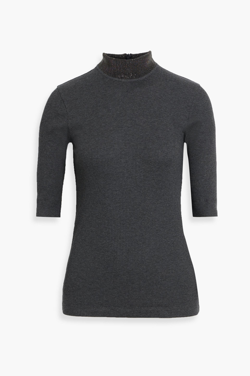brunello cucinelli - bead-embellished ribbed cotton-blend sweater - gray - s