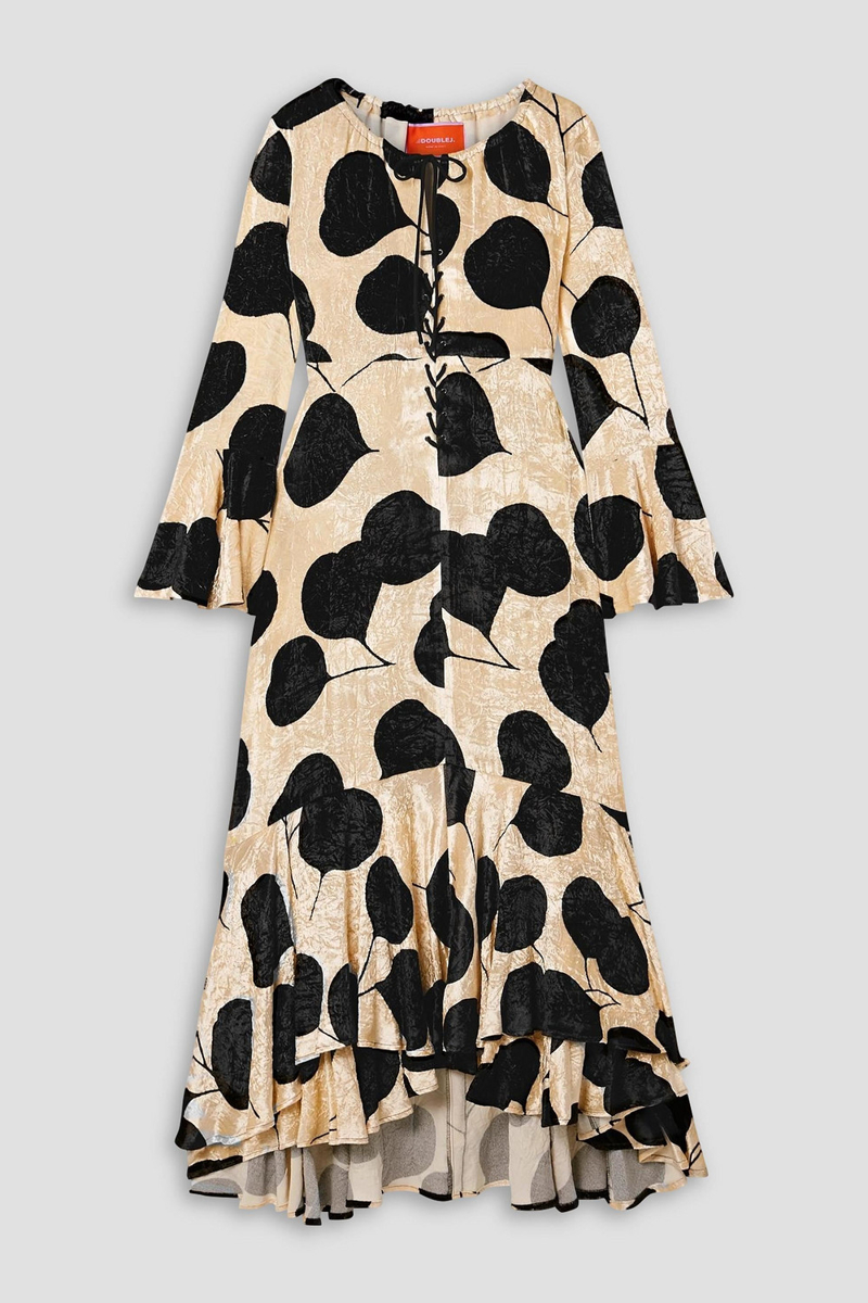 la double j. - cocteau lace-up printed crushed-velvet maxi dress - white - xxs