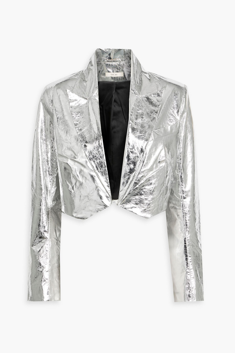 the sei - cropped metallic textured-leather blazer - metallic - us 4