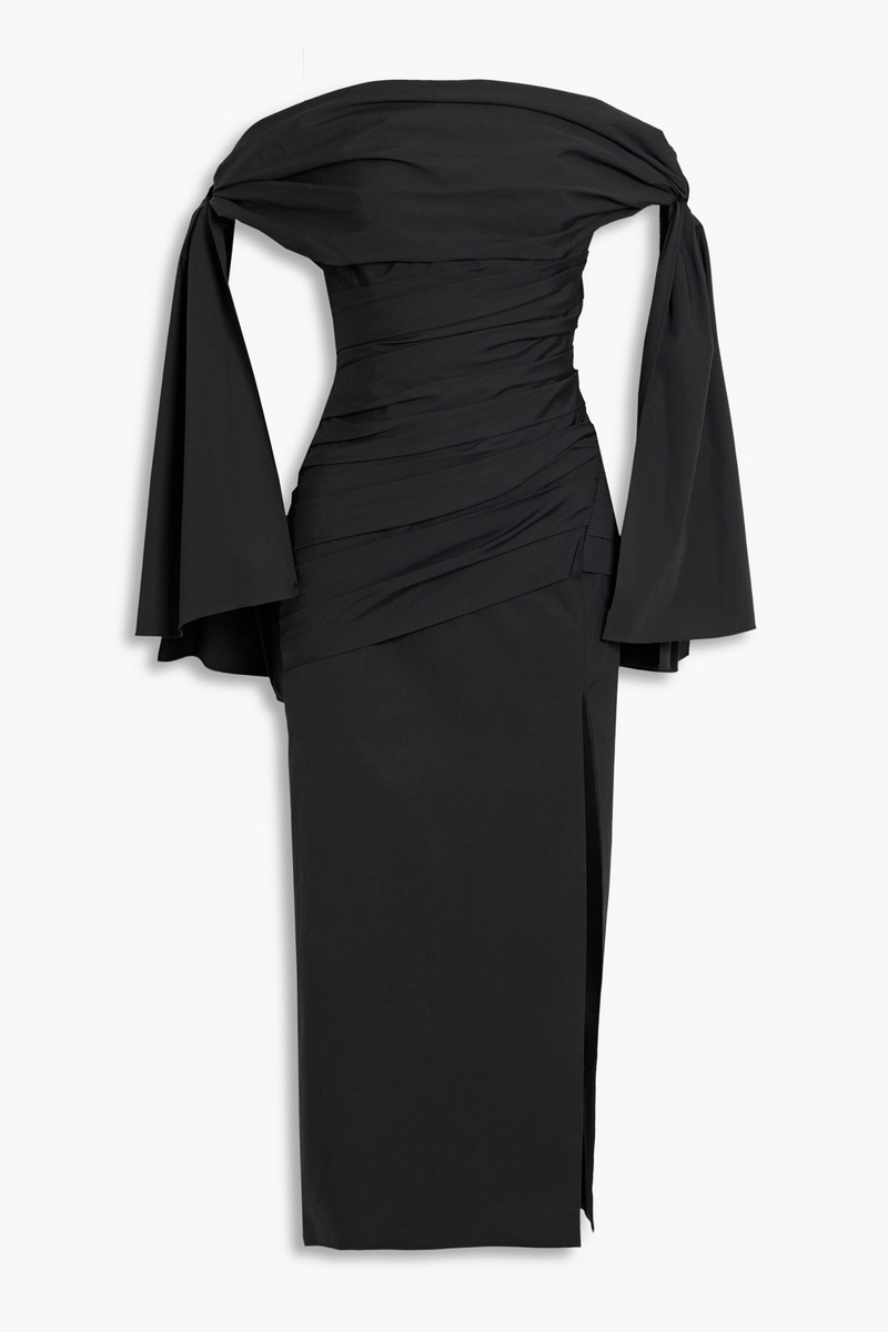 carolina herrera - off-the-shoulder draped cotton-blend poplin midi dress - black - us 0