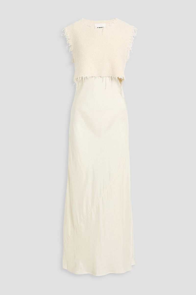 jil sander - frayed layered tweed and satin maxi slip dress - white - fr 38