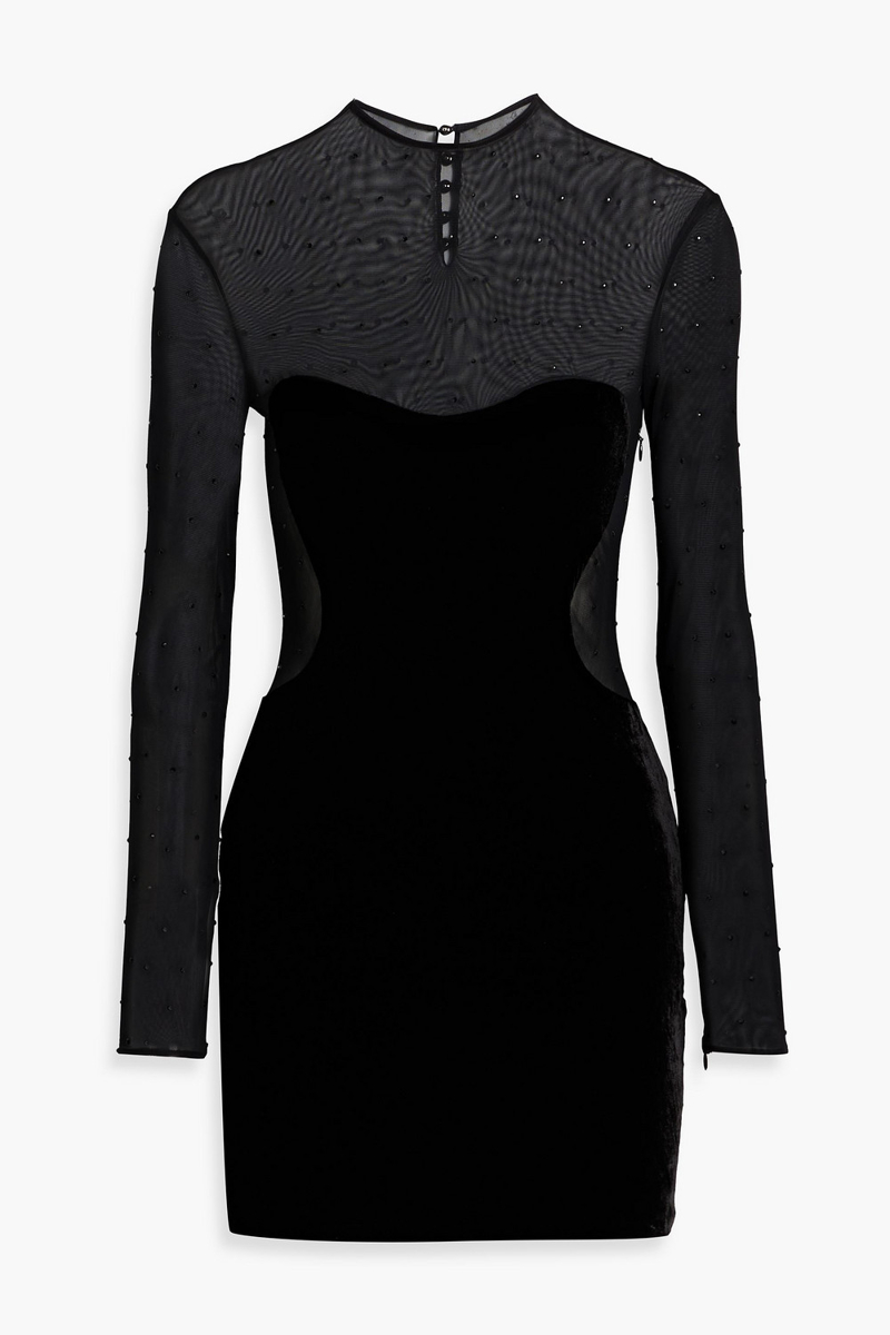 retrofête - delmer crystal-embellished mesh-paneled velvet mini dress - black - m