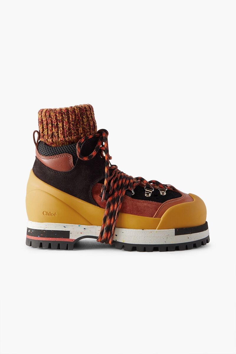 Chloé - Nikie leather-trimmed suede, ribbed-knit, rubber and mesh ankle boots - Yellow - EU 36