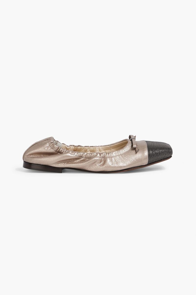 Brunello Cucinelli - Bead-embellished metallic textured-leather ballet flats - Metallic - EU 38