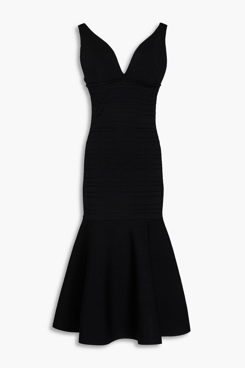 Victoria Beckham - Fluted pointelle-knit midi dress - Black - UK 18