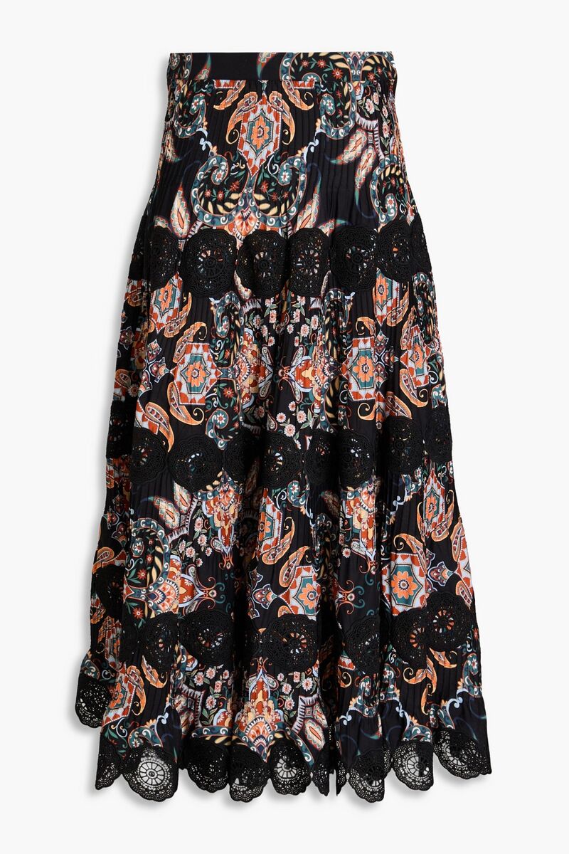 Cara Cara - Austin guipure lace-paneled printed cotton-poplin midi skirt - Black - XL