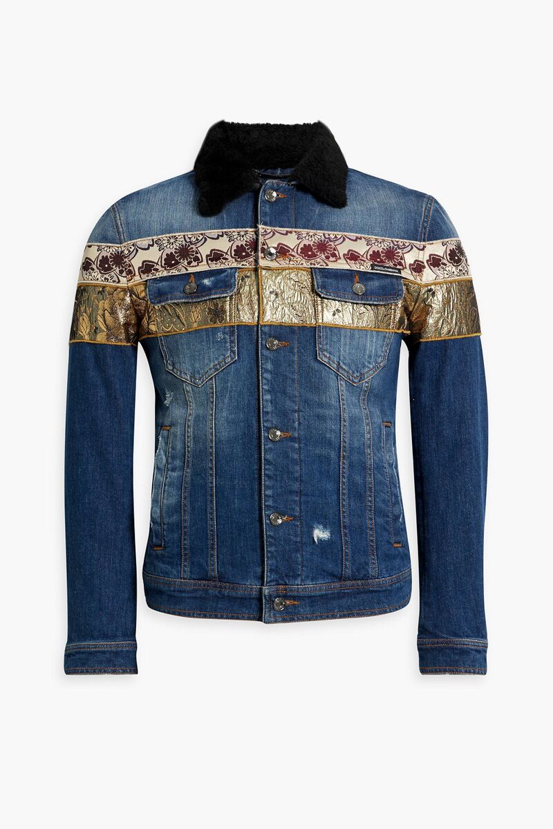 Dolce&Gabbana - Metallic jacquard-paneled distressed denim jacket - Blue - IT 52