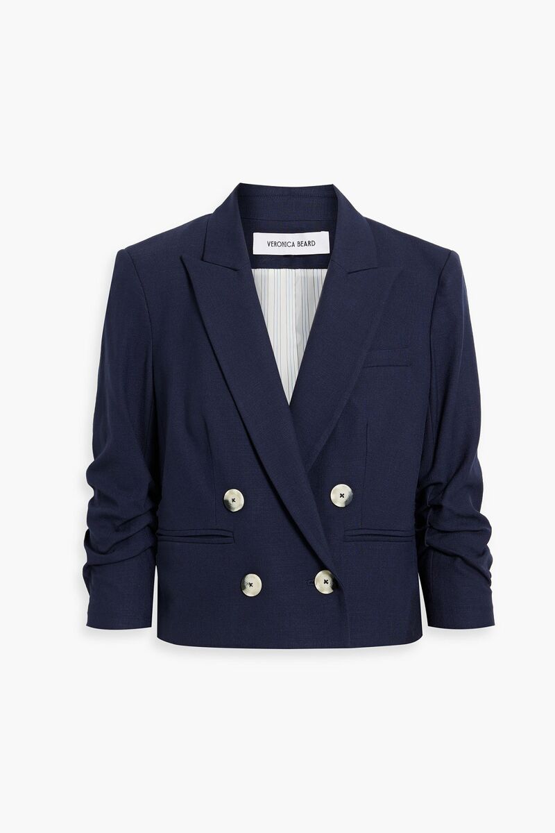 Veronica Beard - Xenia double-breasted ruched cotton-blend jacket - Blue - US 12
