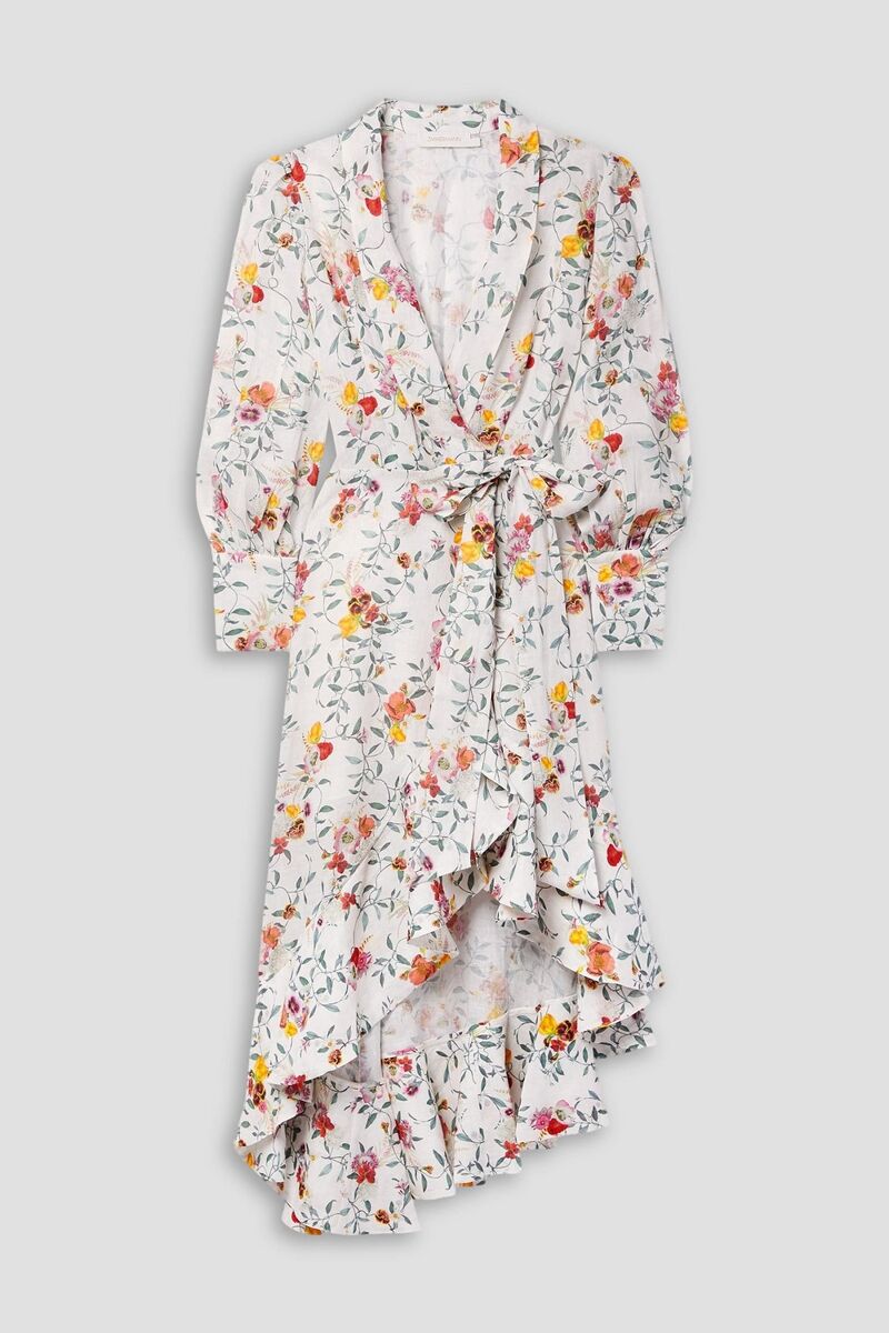 Zimmermann - Asymmetric ruffled floral-print linen midi wrap dress - White - 00