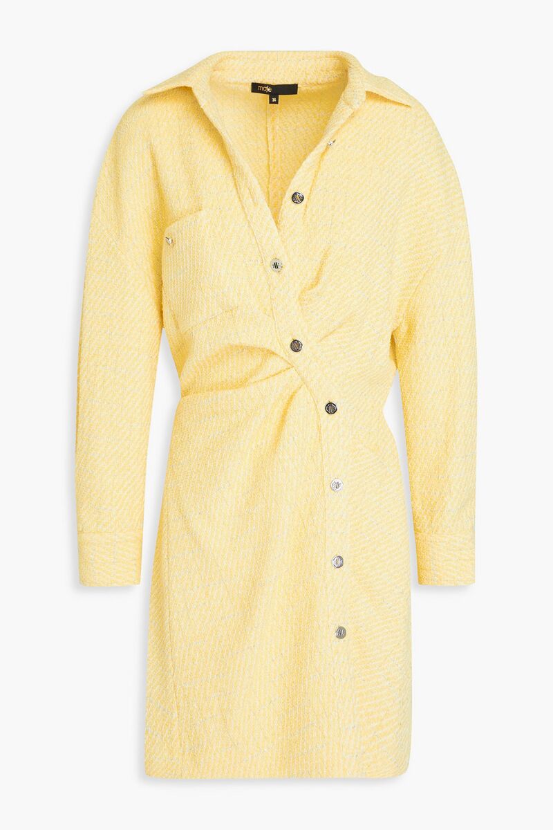 Maje - Metallic cotton-blend bouclé-tweed mini shirt dress - Yellow - FR 40