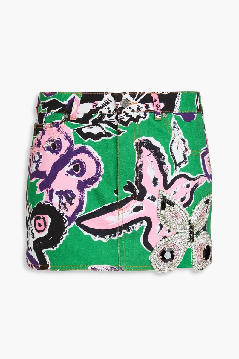 AREA - Embellished floral-print denim mini skirt - Green - 25