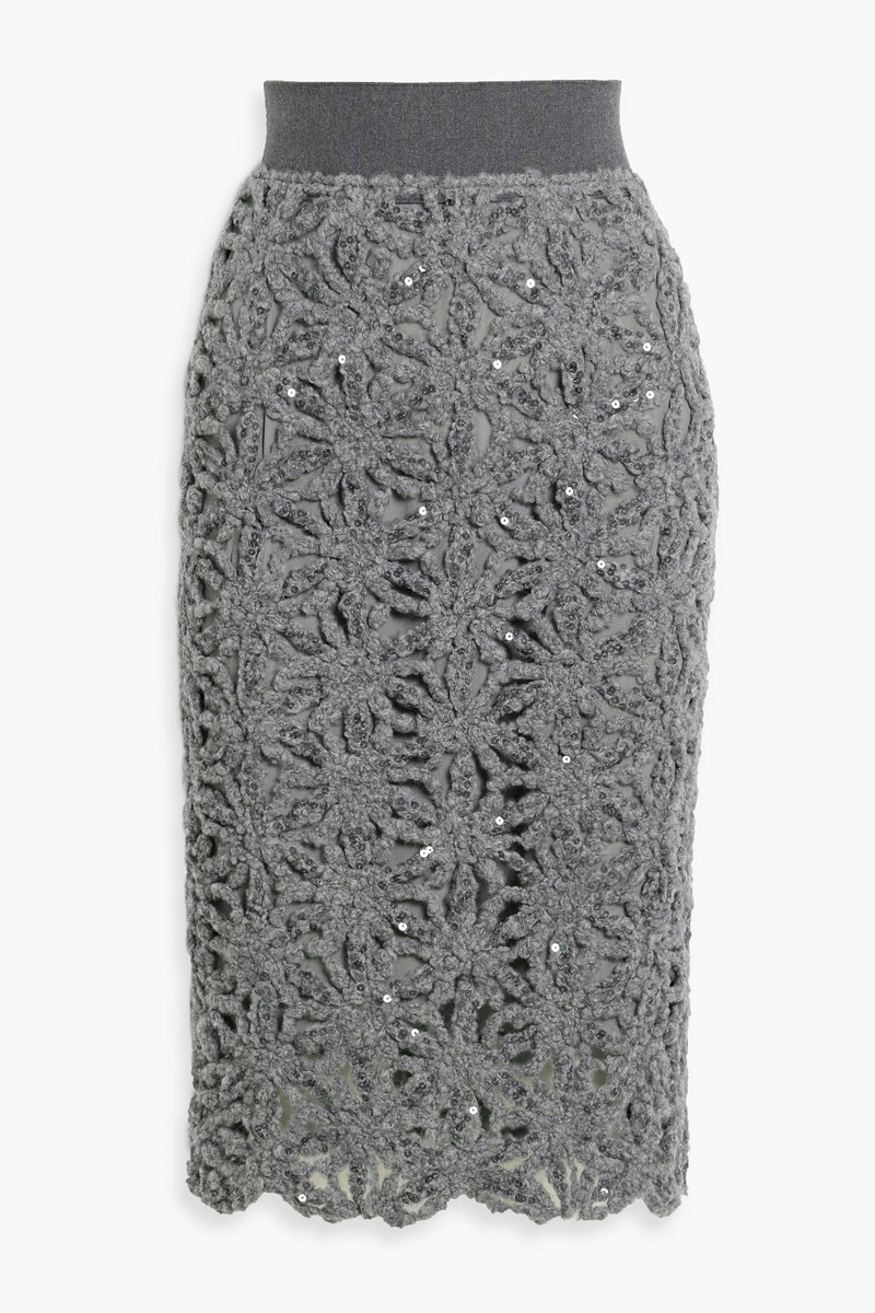 brunello cucinelli - sequin-embellished wool-blend skirt - gray - xs