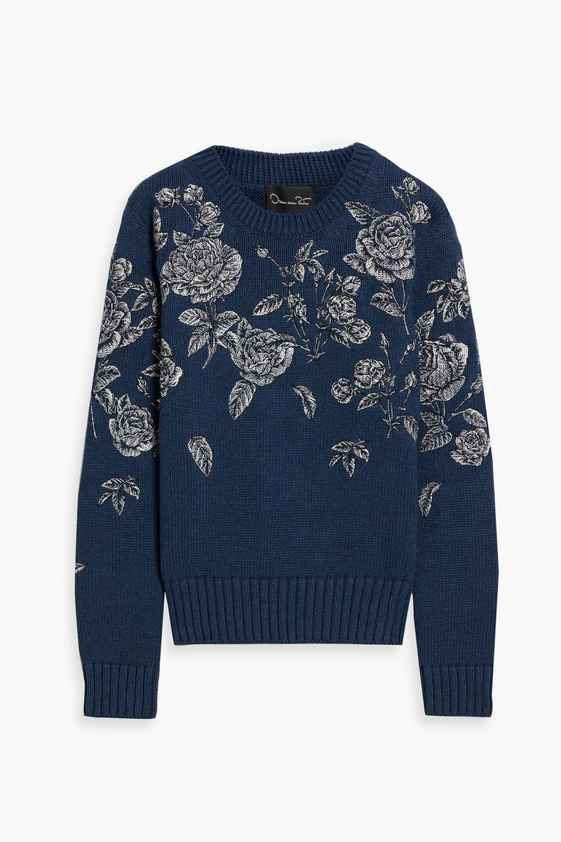 oscar de la renta - embroidered cotton sweater - blue - s