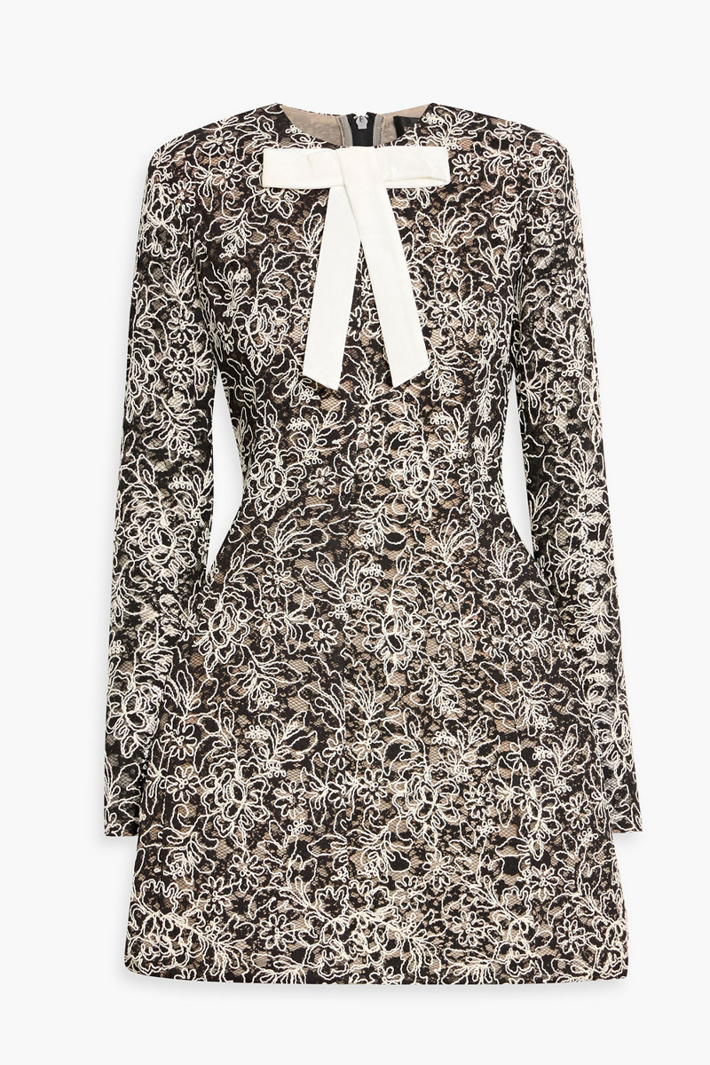 bronx and banco - courtney bow-detailed embroidered corded lace mini dress - black - uk 12