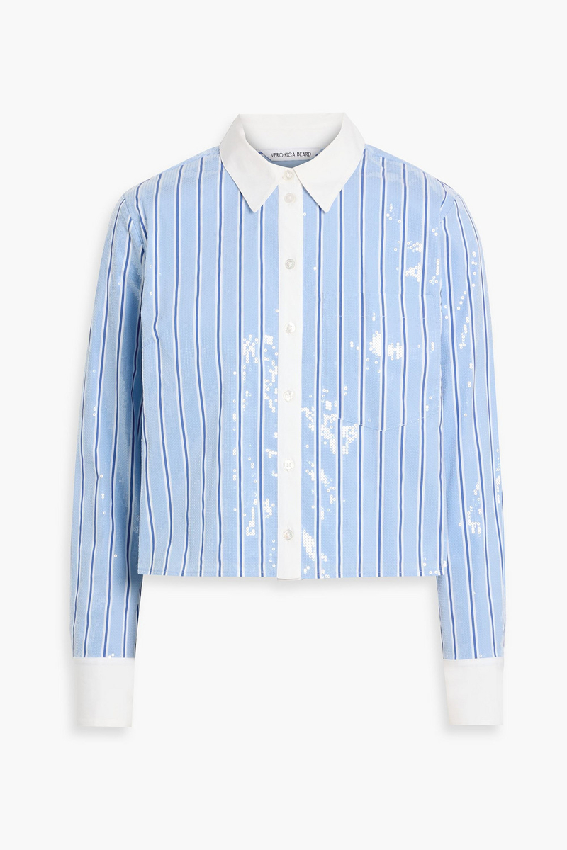 veronica beard - maia cropped sequin-embellished striped cotton-blend poplin shirt - blue - us 0