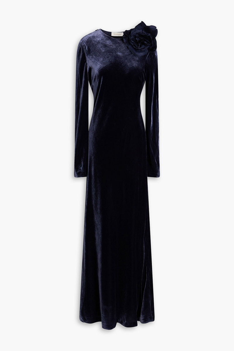 zimmermann - floral-appliquéd velvet maxi dress - blue - 0